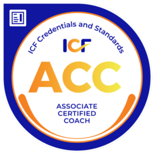 Badge showcasing ICF Credentials and Standards recognizing an ACC: Associate Certified Coach